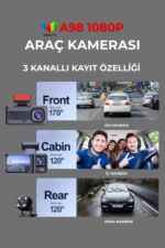 A98 HD Araç Kamera Kayıt Cihazı 3 Lens WiFi Gece Görüşlü Dokunmatik Dash Cam - Görsel 3