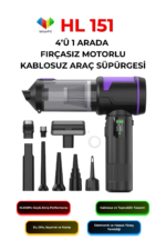 HL151 Kablosuz Araç Süpürgesi 16000Pa Fırçasız Motorlu Dijital Ekranlı 4’ü 1 Arada Mini Vakum Pompa