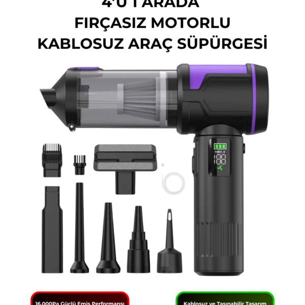 HL151 Kablosuz Araç Süpürgesi 16000Pa Fırçasız Motorlu Dijital Ekranlı 4’ü 1 Arada Mini Vakum Pompa
