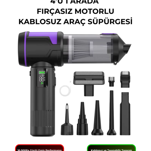 WR 151 Mini Kablosuz Araç Süpürgesi 16000Pa Fırçasız Motorlu Dijital Ekranlı 4’ü 1 Arada Mini Vakum Pompa