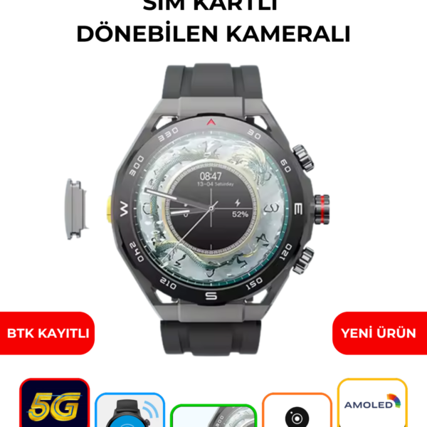 HW 18 Call Akıllı Saat 4G SIM Kartlı AMOLED NFC GPS Döner Kameralı Görüntülü Konuşma Smartwatch