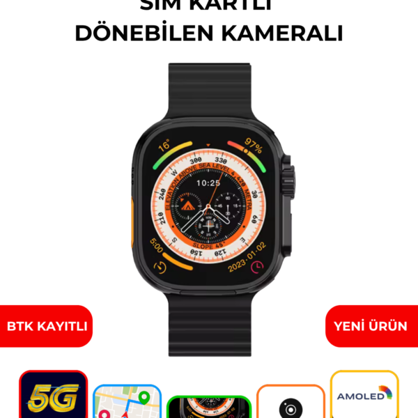 HW ULTRA3 4G/5G SIM Kartlı Akıllı Saat Çift Kameralı AMOLED Ekran 8+64GB Android Smartwatch