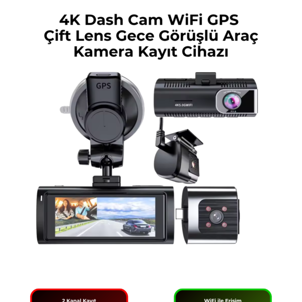 K17 4K Dash Cam WiFi GPS Çift Lens 2160P Gece Görüşlü Araç Kamera Kayıt Cihazı