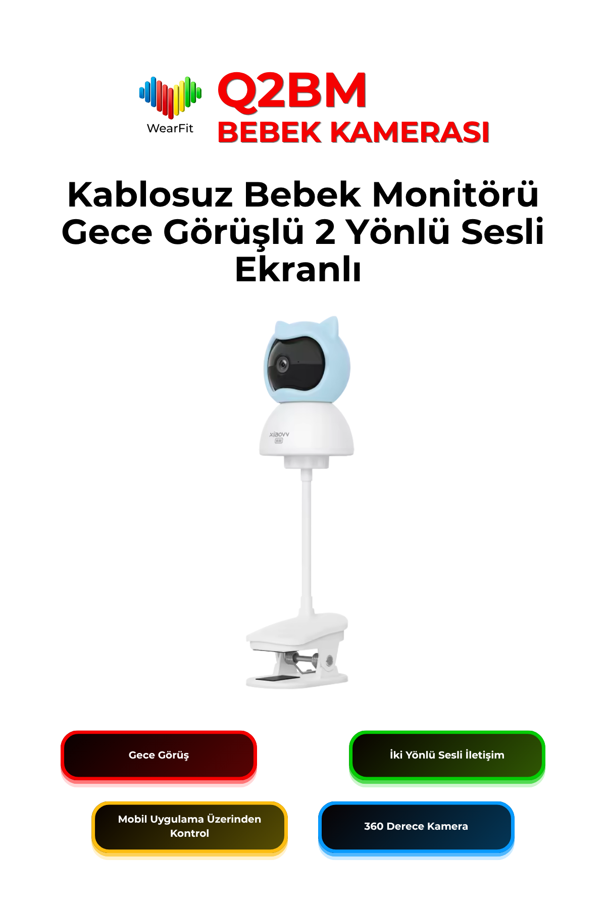 Q2BM Bebek Kamerası (1) Q2BM 3MP WiFi Bebek Kamerası 360° PTZ Gece Görüşlü Ağlama Algılama 2 Yönlü Sesli Baby Monitor - Görsel 1