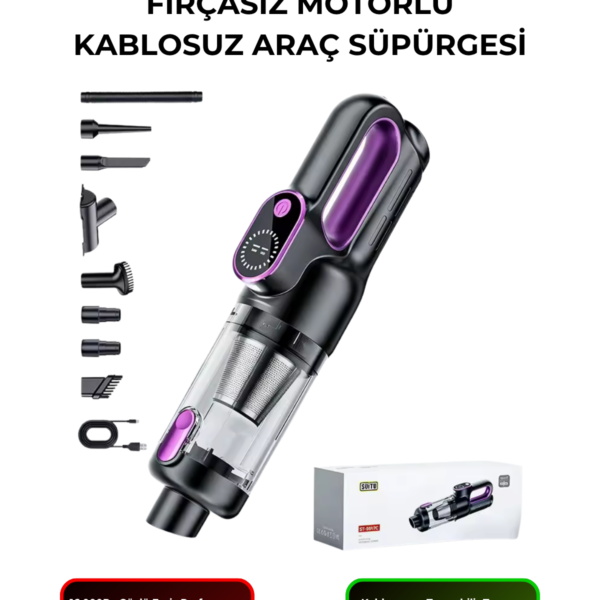 ST126 Kablosuz Araç Süpürgesi Fırçasız Motorlu 16000Pa Güçlü Emişli Taşınabilir Mini Vakum