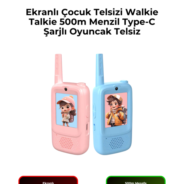 JK300 2 İnç Ekranlı Çocuk Telsizi Walkie Talkie 500m Menzil Type-C Şarjlı Oyuncak Telsiz