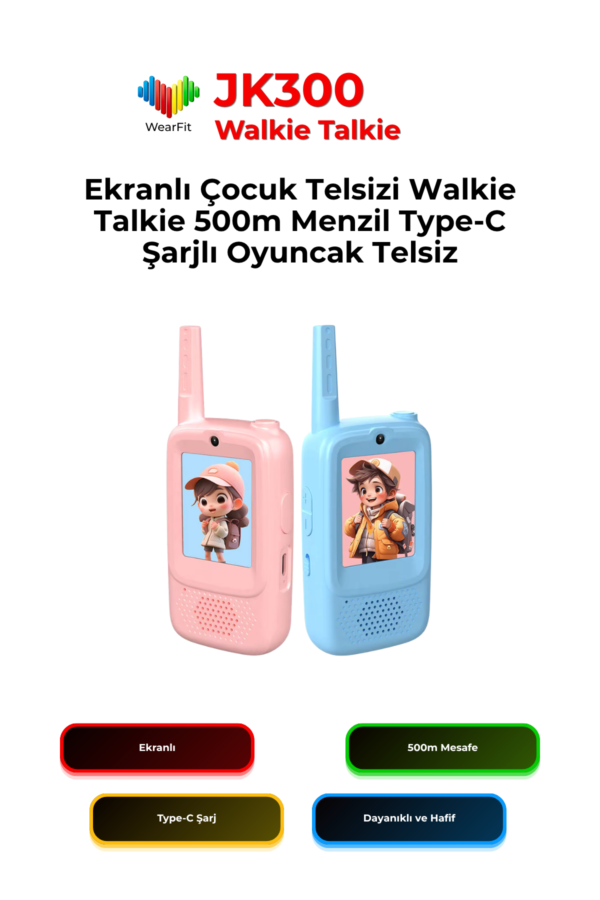 Walkie Talkie (2) JK300 2 İnç Ekranlı Çocuk Telsizi Walkie Talkie 500m Menzil Type-C Şarjlı Oyuncak Telsiz - Görsel 1