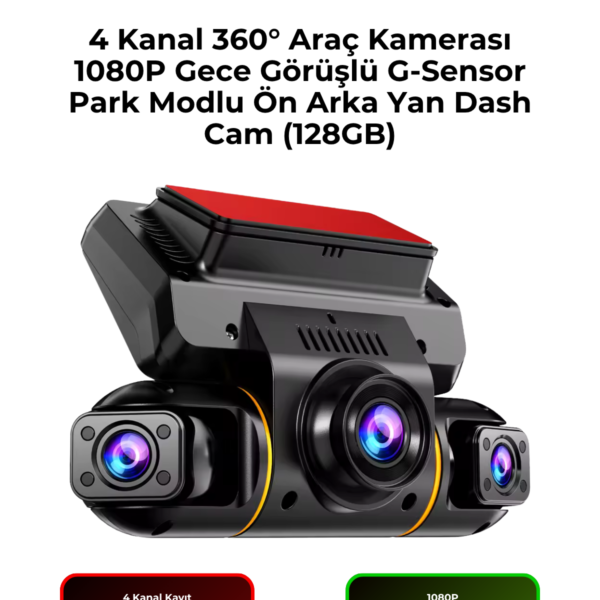 X19 4 Kanal 360° Araç Kamerası 1080P Gece Görüşlü G-Sensor Park Modlu Ön Arka Yan Dash Cam (128GB)