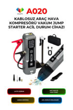 A020 Kablosuz Araç Hava Kompresörü Vakum Jump Starter 150 PSI Dijital Göstergeli Çok Fonksiyonlu Acil Durum Cihazı