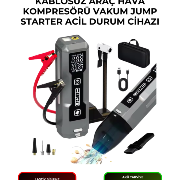 A020 Kablosuz Araç Hava Kompresörü Vakum Jump Starter 150 PSI Dijital Göstergeli Çok Fonksiyonlu Acil Durum Cihazı