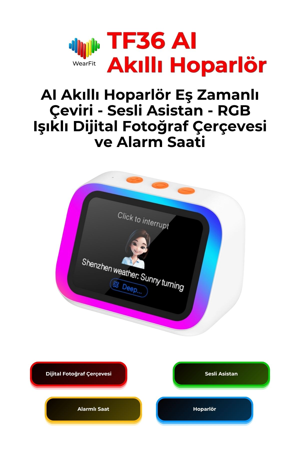 TF36 Hoparlör (1) TF36 AI Akıllı Hoparlör – Eş Zamanlı Çeviri, Sesli Asistan, RGB Işık ve Dijital Fotoğraf Çerçevesi - Görsel 1